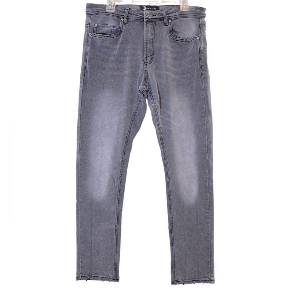 R Society Men's Charcoal Faded Distressed Jeans, Size 34 x 32
